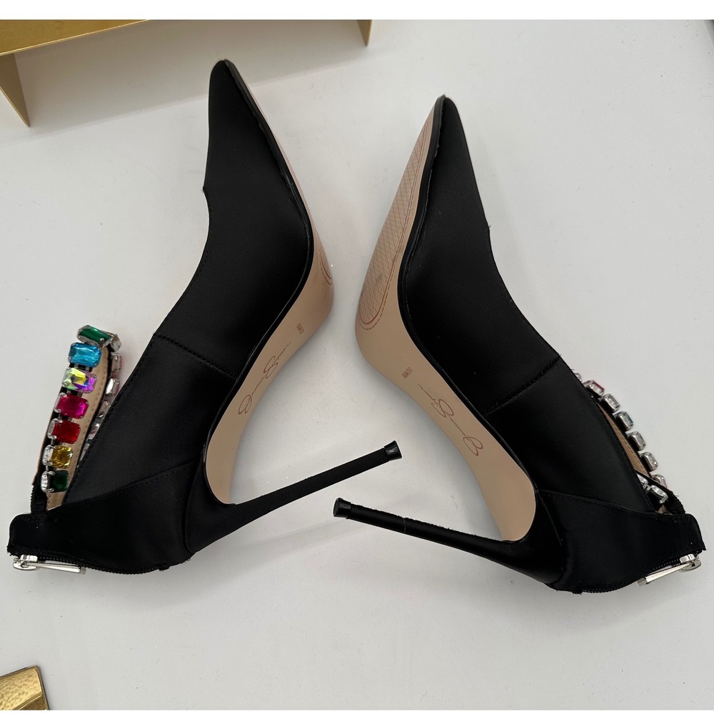 JESSICA SIMPSON Samiyah Jewel Ankle Strap Point Toe Pumps Black Matte Satin 6.5 - Picture 8 of 16